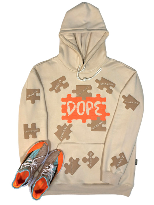 "Piecing It Together" Hoodie- Puff Print Tan