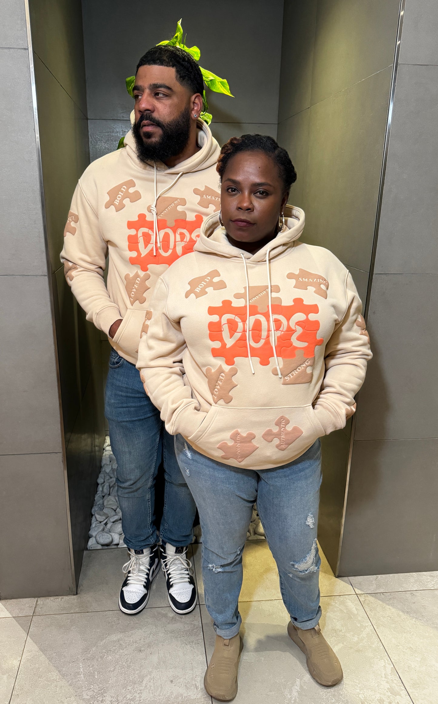 Piecing It Together Hoodie Puff Print Tan
